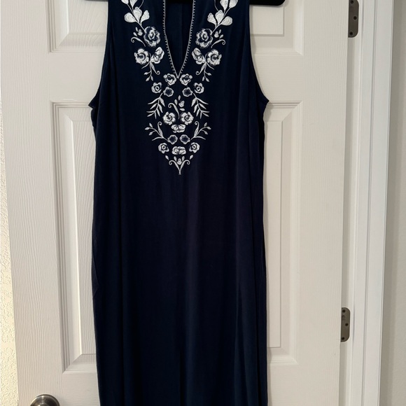 Isle of Mine embroidered navy rayon linen blend boho midi dress NWT M/L - Picture 2 of 12